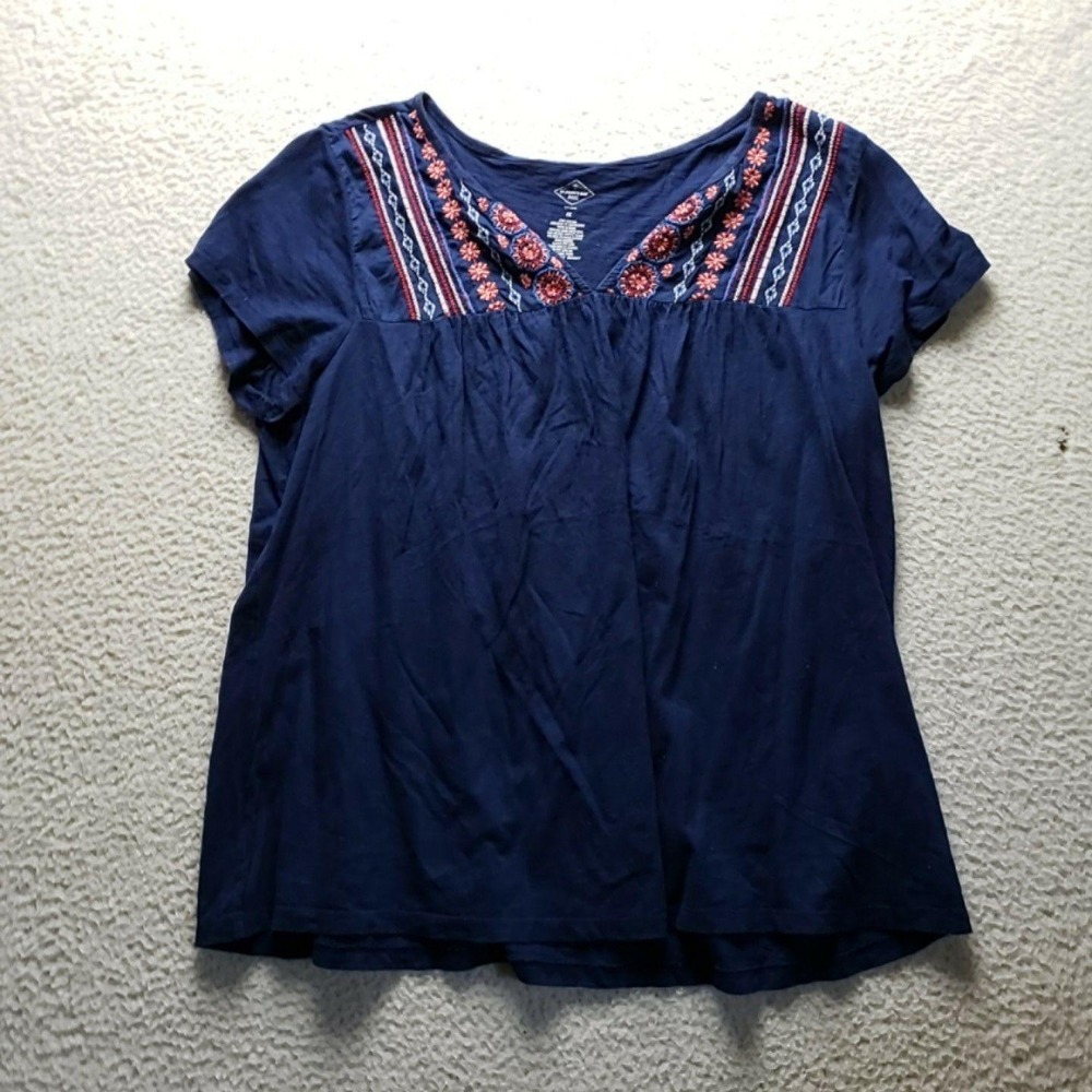 St. John's Bay Blouse Womens Plus 1X Blue Scoop Neck Short Sleeve Tunic Top